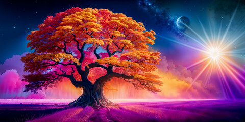 Fototapeta premium Surreal Sunset: A Whimsical and Imaginative Dreamscape of Enchanted Tree and Cosmic Magic.