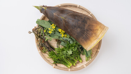 日本の春の山菜イメージ　たけのこ・ワラビ・菜の花など