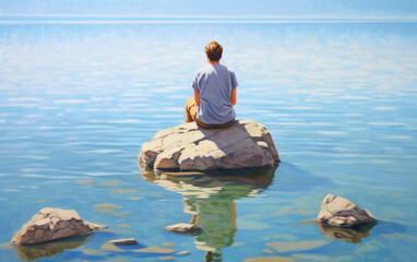 a man looking contemplative into the ocean while meditating - created by generative ai