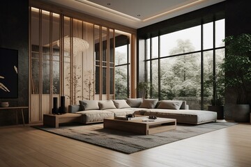 Luxurious modern Japanese-style living room with contemporary 3D design. Generative AI