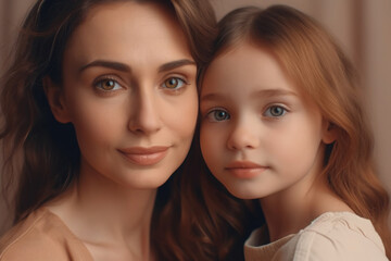 Cheerful woman and young girl looking at camera. Mother and daughter portrait on pink background. Good relationship between mom and child in the family. Created with Generative AI