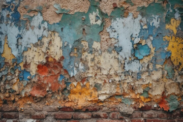 Aged wall with colorful peeling pieces of paint. Abstract wallpaper background. Created with Generative AI