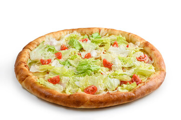 Vegetarian pizza with lettuce and tomatoes on a white background. Healthy fast food concept