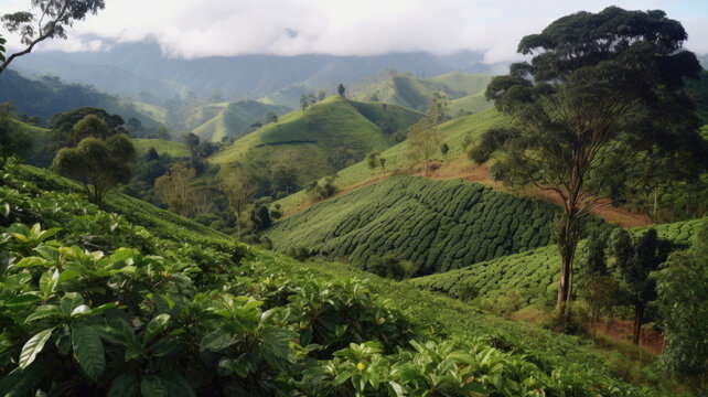 Coffee Plantation. Landscape With Coffee Trees. Ripening Coffee Berry, Organic Harvest. Created With Generative AI