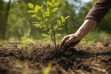 Planting tree in soil. Work in garden. Created with Generative AI