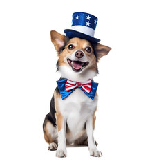 Funny dog  dressed in the colors of the American flag. Isolated on a white background. Happy 4th Of July Independence Day card. Generative AI illustration.