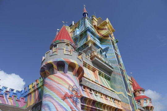 Beto Carreiro World amusement park. Partial view of the colorful facade of the main castle building. Penha, Santa Catarina, Brazil