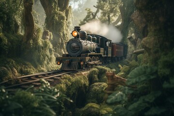 A fantasy train journey through a lush jungle forest. Perfect for children's books and fairy tales. Generative AI
