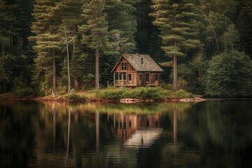 Fototapeta na wymiar In the center of the lake, a serene cabin is located. (Generative AI)