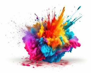 Colorful paint and powder splashes for Holi on a white background create a mix of rainbow colors. (Generative AI)