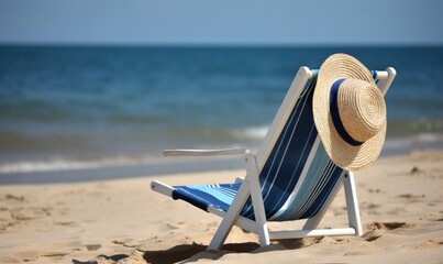 Fototapeta na wymiar a blue and white beach chair with a straw hat on it. generative ai
