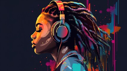 Beautiful girl with creative dreadlocks in headphones, on a dark background. AI generation