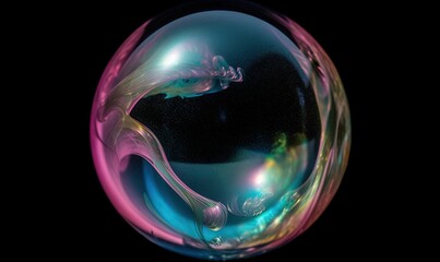  a glass ball with a black background and a pink and blue swirl.  generative ai