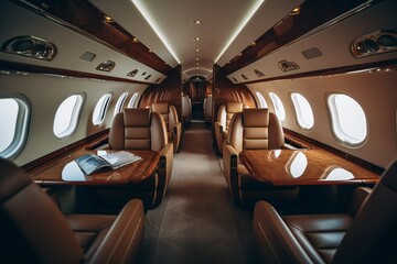 Fototapeta premium luxury private business jet classic design interior, ai generated image
