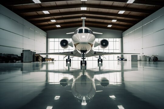 an elite private jet stands inside a huge modern hangar, ai generated image