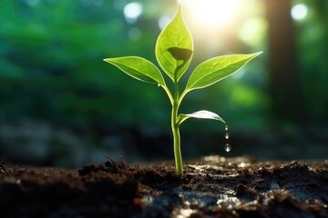 Growing plant with water droplet basking in sunlight. (Generative AI)