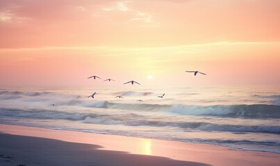  a flock of birds flying over the ocean at sunset or dawn.  generative ai