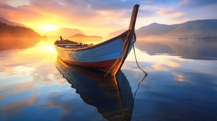 Fishing boat on the quiet surface of the lake at sunset .  generative AI