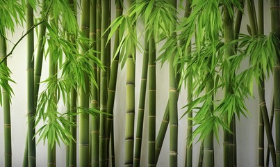  a bamboo tree with green leaves against a white wall background.  generative ai