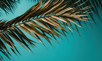 Obraz premium a close up of a palm leaf against a blue sky. generative ai