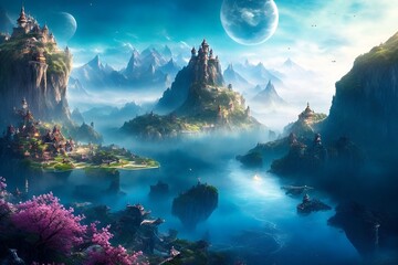 Fantasy beautiful view with mountains, planets and castle (Generative AI) - obrazy, fototapety, plakaty