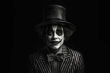 Black and white photorealistic studio portrait of a clown on black background. Generative AI illustration