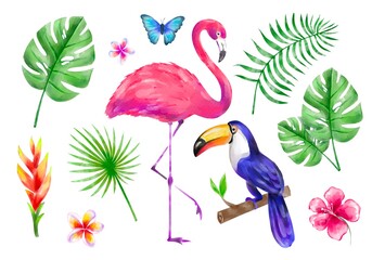 Obraz na płótnie Canvas summer african exotic tropical set with flamingo toucan monstera palm butterfly and wild flowers