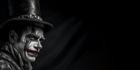 Black and white photorealistic studio portrait of a clown on black background. Generative AI illustration