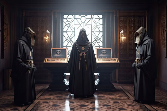 A secret society dressed in robes perform a ceremony in a sinister complex. Generative AI