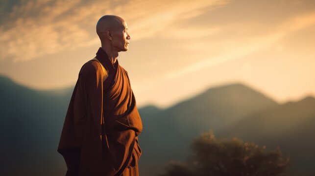 Tibetan monk on the background of the tables look at the sunset . generative AI