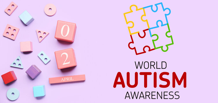 Calendar with date of World Autism Awareness Day and toys on lilac background