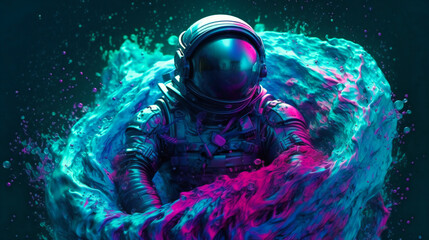 Colorful space illustration astronaut surging in cosmic fluid