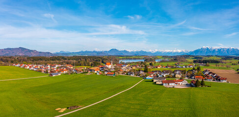 Bavarian landscape near the alps and lake Abtsee in springtime. 