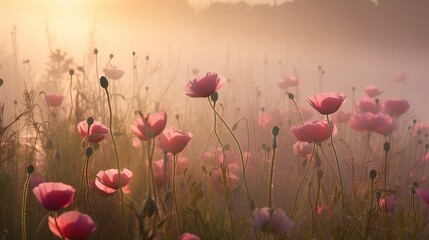 Flower Meadow Foggy Morning. Sun is shining through the fog of a beautiful field of flowers and grass. Sunrise. Generative AI.