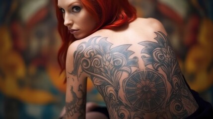 Fototapeta na wymiar Beautiful red haired girl with a large tattoo on her back . generative AI