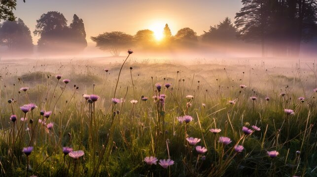 Flower Meadow Foggy Morning. Sun is shining through the fog of a beautiful field of flowers and grass. Sunrise. Generative AI.