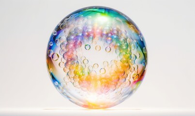  a multicolored glass ball with bubbles on a white background.  generative ai