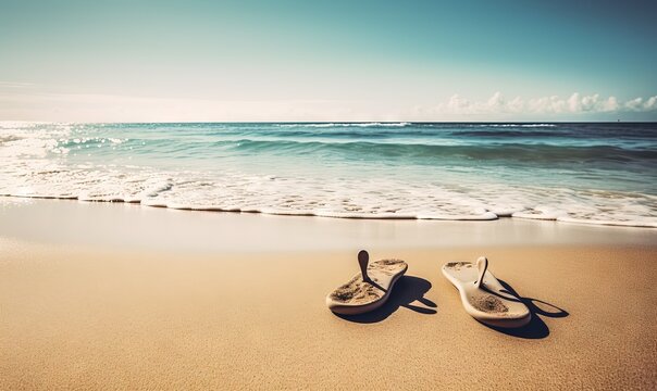  a pair of shoes sitting on top of a sandy beach.  generative ai