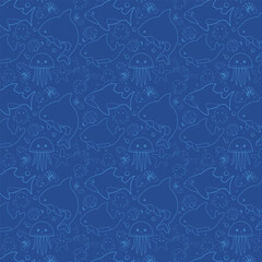 Fototapeta premium Cute cartoon ocean background with sea animals line art whale, fish, shark, octopus. jellyfish, shrimps, crab, killer whales