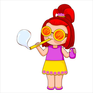 Little funny cartoon girl in bright clothes inflates soap bubbles
