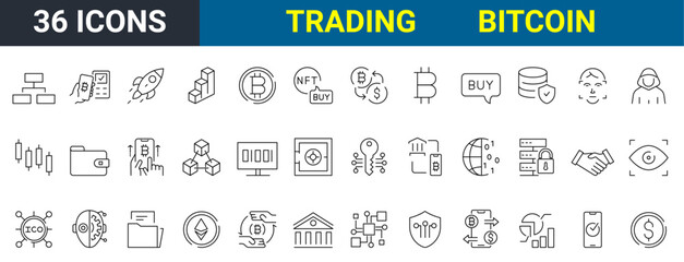 Set of 36 Cryptocurrency economy web icons collection. Blockchain package. Bitcoin, NFT, Vector illustration. Outline icon. Editable stroke.