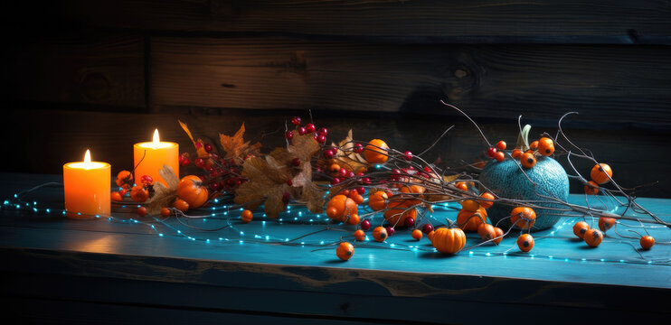 Festive autumn decorations with pumpkins and leaves on wooden background. Thanksgiving or Halloween day concept. Generative AI