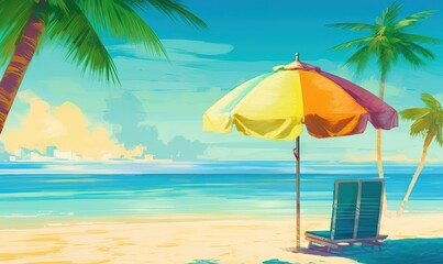  a painting of a beach chair and umbrella on the beach.  generative ai
