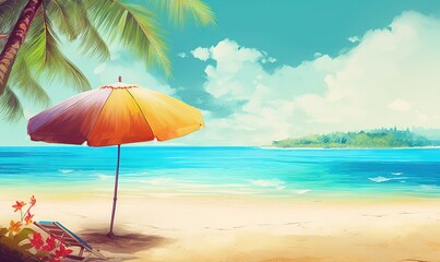 Fototapeta na wymiar a painting of a beach with an umbrella and a chair. generative ai
