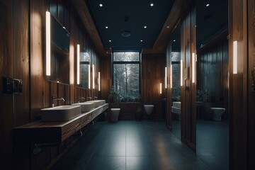 Luminous restroom adorned with gray timber. Generative AI