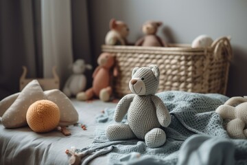 Bright, contemporary baby room with toys as decor. Generative AI