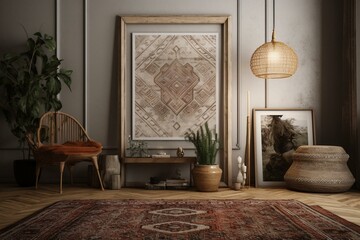 3D render of poster frame in bohemian home interior. Generative AI
