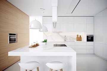 Naklejka na ściany i meble modern white kitchen with minimalist design and two bar stools Generative AI