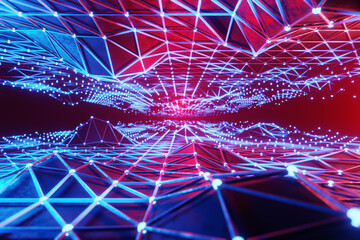 Geometric triangular grids forming the ceiling and floor illuminated by blue and red neon lights. Illustration as a design element for web design backgrounds and slide show presentations