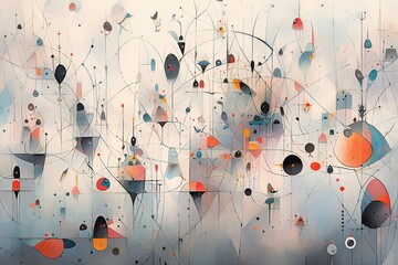Abstrakcyjne  tło styl Miro inspirowane surrealistycznym malarzem grafika Generative AI - obrazy, fototapety, plakaty